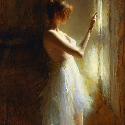 Image similar to portrait of a emotional dancer practicing alone, soft window light, long shadows, by gaston bussiere, jeremy mann.