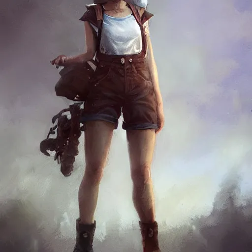 Prompt: portrait, Female adventurer, soft eyes and narrow chin, dainty figure, single strap paint covered overalls, short shorts, combat boots, raining, basic white background, style of by Jordan Grimmer and greg rutkowski, crisp lines and color,