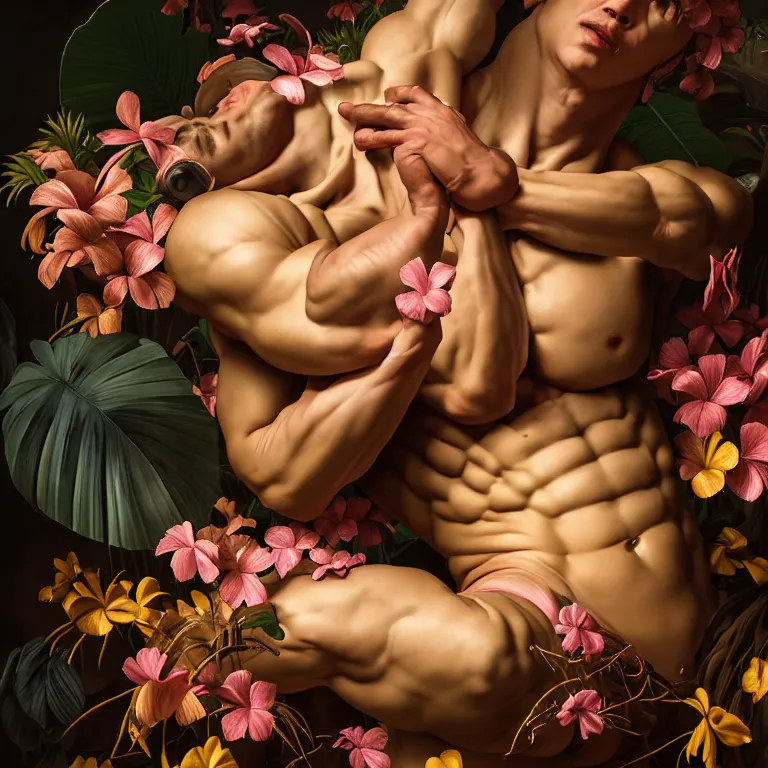 Image similar to still life of human muscular body covered with tropical flowers, wide shot, soft glow bloom lucid dream - like ethereal atmosphere, baroque portrait painting, perfect composition, beautiful intricate detailed octane render trending on artstation, 8 k artistic photography, volumetric cinematic perfect light, chiaroscuro, masterpiece, raphael, caravaggio, rutkowski, beeple, beksinski