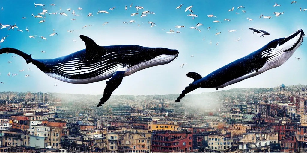 Prompt: photography collage of whale flying over a building, wearing fashion clothing, id magazine, hyperrealism, detailed textures, photorealistic, 3 d city, ultra realistic,