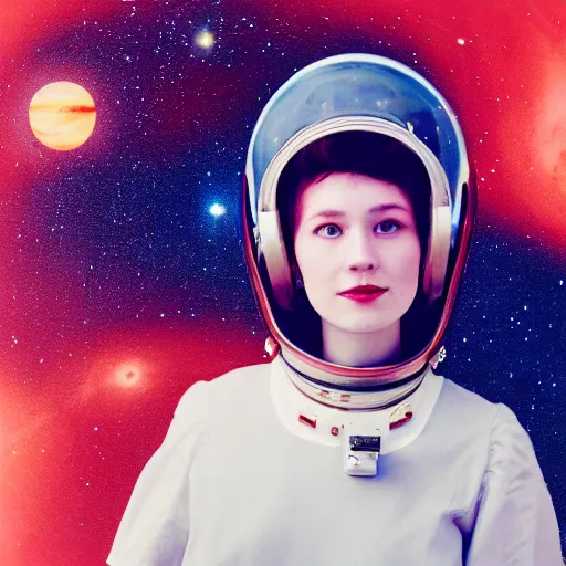 Prompt: analog closeup portrait of a beautiful young woman wearing a space helmet, stars and planets visible, warm azure tones, red color bleed, film grain