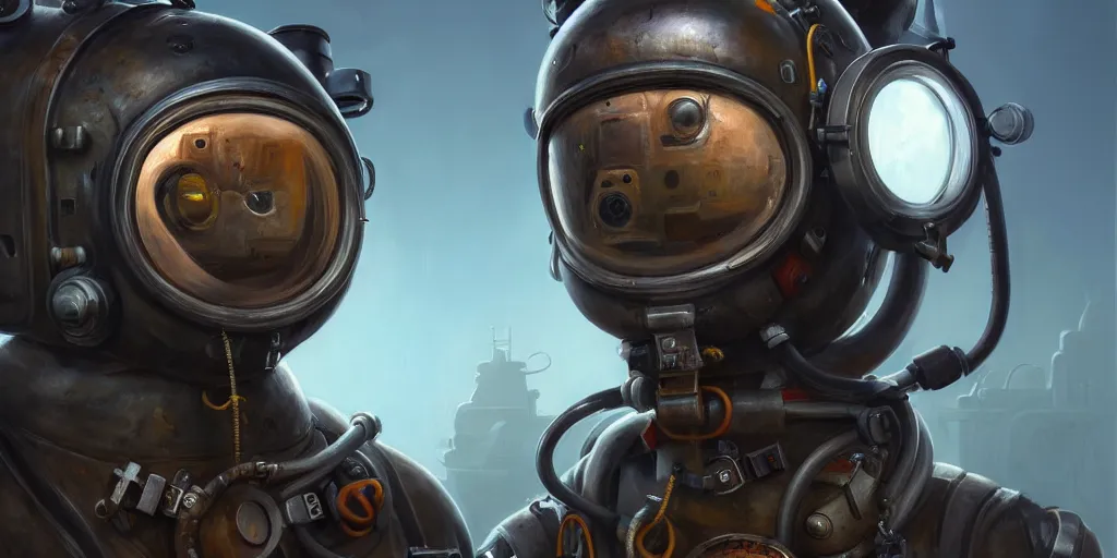 Image similar to highly detailed portrait painting of welder in atmospheric diving suit, mono eyed, by eddie mendoza and tyler edlin, windows, 8 k resolution