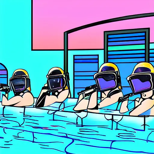 Prompt: digital art, riot police in a swimming pool, lounge resort, vaporwave