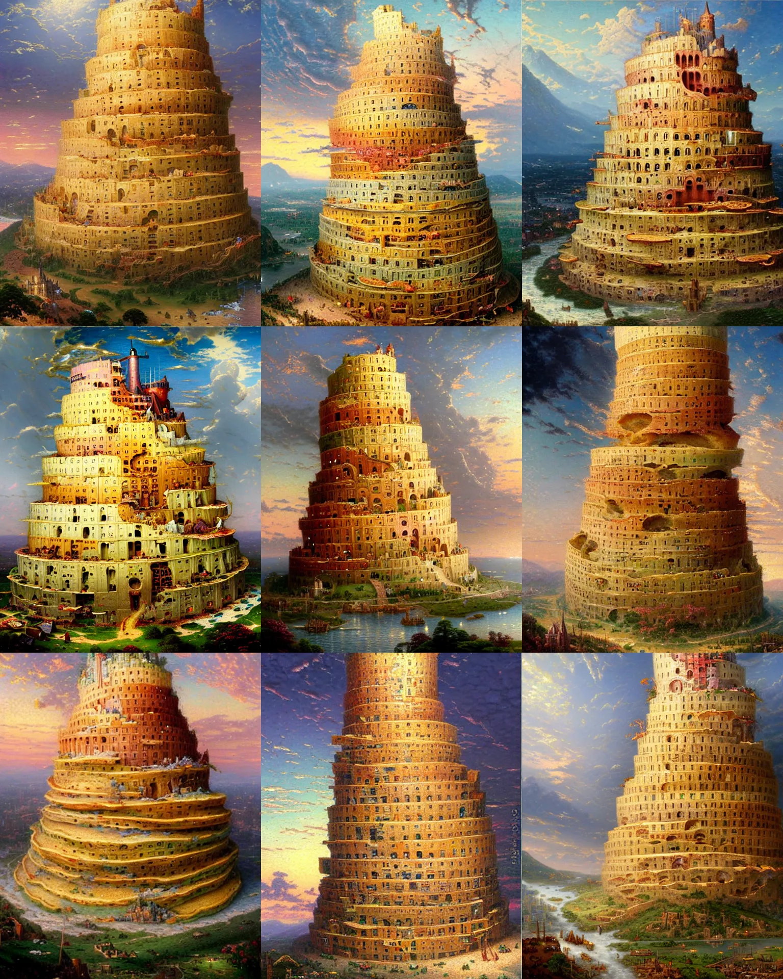 Prompt: stack of pancakes in the shape of the tower of babel by thomas kinkade, oil on canvas