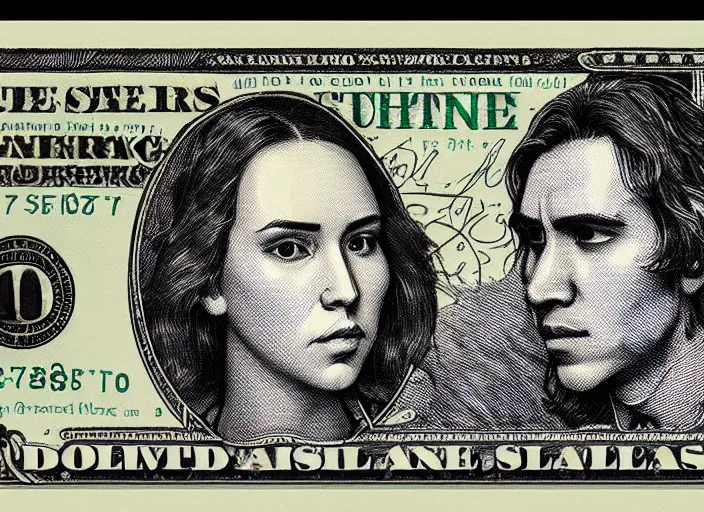 Image similar to reylo kissing dollar bill design