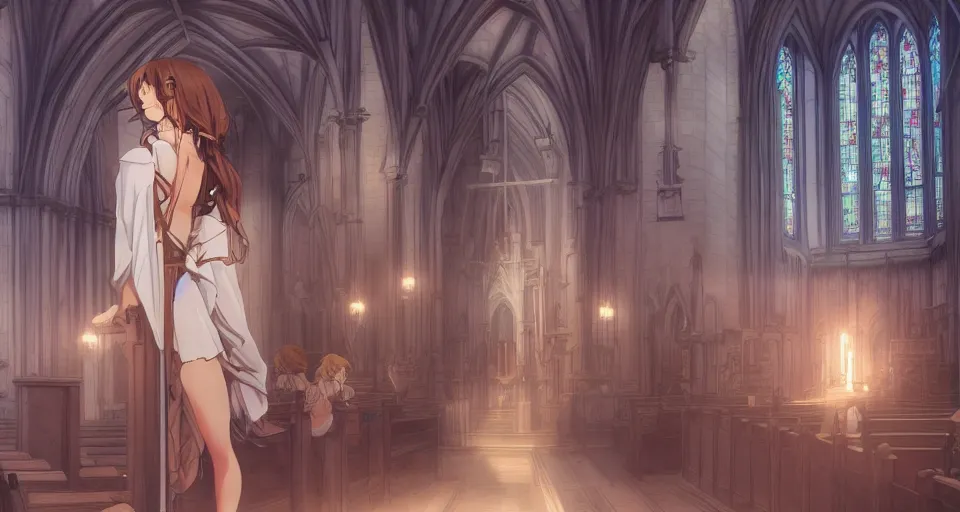 Prompt: anime girl in a church, magali villeneuve, elegant, attractive 8 k, very high resolution, processing, extremely hyperdetailed