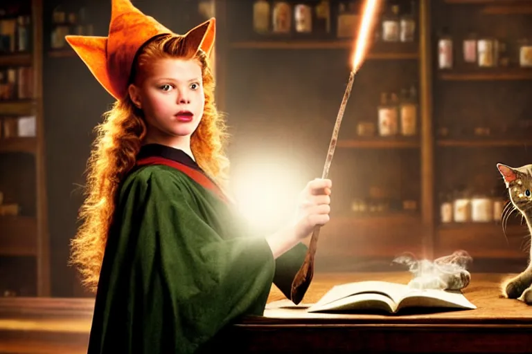 Image similar to close up portrait, dramatic lighting, teen witch calmly pointing a magic wand casting a spell over a large open book on a table with, short hair, cat on the table in front of her, sage smoke, a witch hat cloak, apothecary shelves in the background, still from harry potter and peter pan