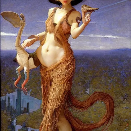 Image similar to epic masterpiece full body portrait a beautiful woman with a small dinosaur as a pet on a leash, by Edgar Maxence and Ross Tran and Michael Whelan