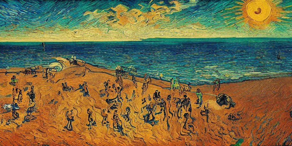 Image similar to People in beach, beach is between the two valleys, by Salvador Dali and Van Gogh collaboration, sun set, digital art, high details, drone wide shot