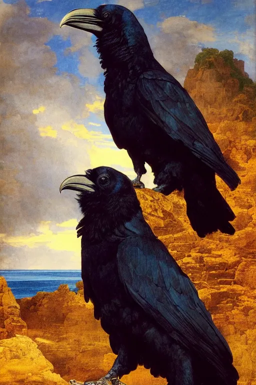 Image similar to a breathtakingly stunningly beautifully highly detailed extreme close up portrait of a raven under a rock arch, epic coves crashing waves plants, beautiful clear harmonious composition, dynamically shot, wonderful strikingly vivid beautiful dynamic sunset with epic clouds, detailed organic textures, by frederic leighton and rosetti and turner and eugene von guerard, 4 k