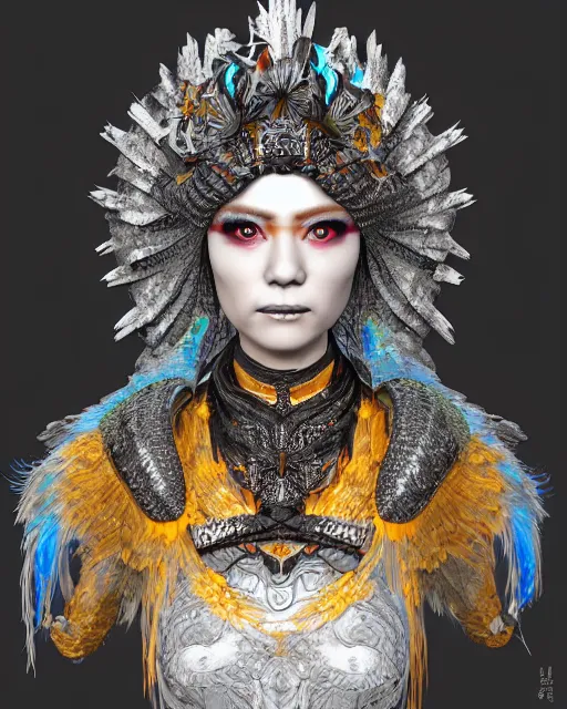 Image similar to 3 d warrior goddess medium shot portrait. beautiful hyperrealistic intricate highly detailed magpie helm, shattered armor, kintsugi, quetzalcoatl, korean hanbok, bioluminescent, plasma, lava, ice, feather, in the style of chiara bautista, octane 3 d render