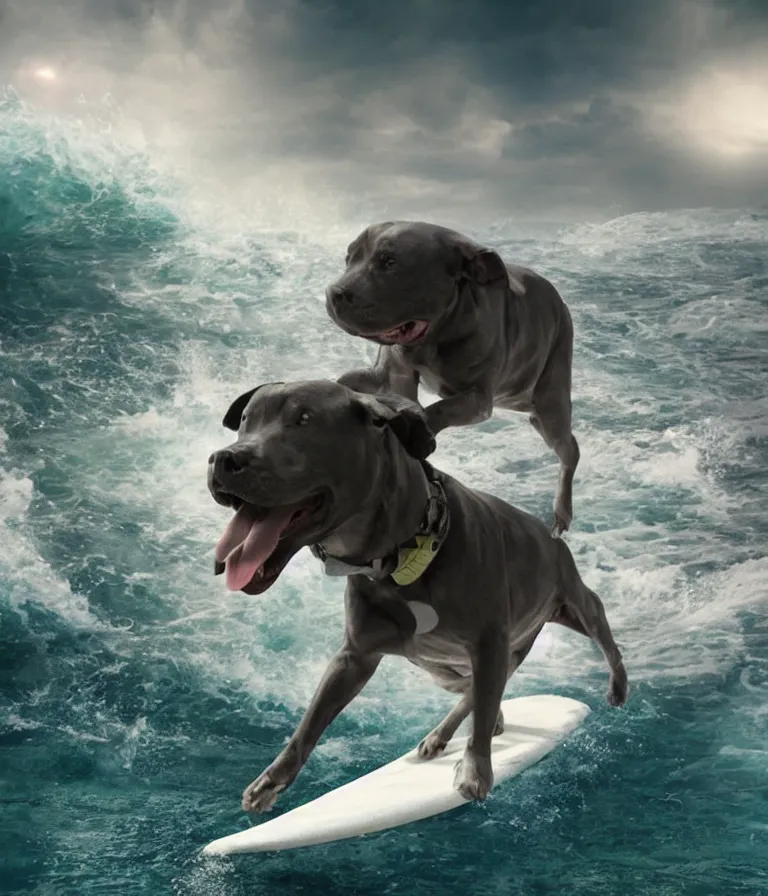 Prompt: photo of a dark gray coat pit bull with a white paws!, surfing on a surfboard in a crashing wave of alien ocean in space, background is an alien galaxy, matte, aliens in the background, alien colors, octane render, unreal engine, wide view, 8 k, high detaild