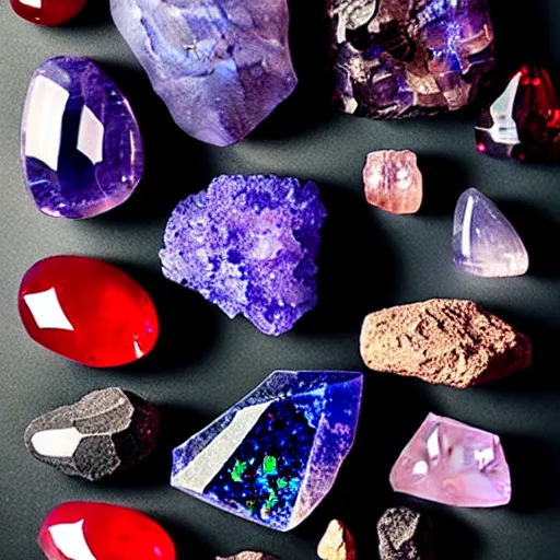 Prompt: a mineral rock, in a dark studio room. Photography of rare minerals. Tanzanite, Red Beryl, Bixbite, Red Emerald, Scarlet Emerald, Opal, Quartz, Elbaite, Calcite, Kunzite. in the style of artgerm.