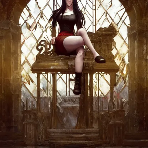 Image similar to a painting of tifa from final fantasy 7 in kings landing from game of thrones, sitting majestic on the iron throne, by greg rutkowski, artgerm, wlop, ruan jia, krenz cushart, alphonse mucha, marble, gold, unreal engine 5