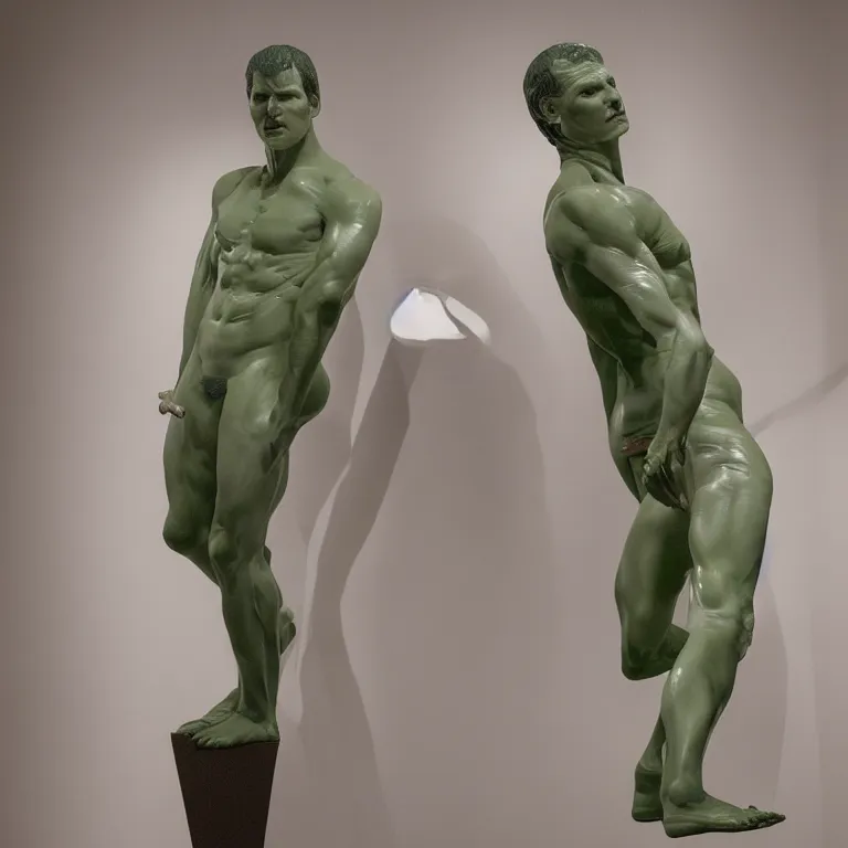 Prompt: studio photograph of hyperrealistic accurate portrait sculpture of tom cruise, beautiful symmetrical!! face accurate face detailed face realistic proportions, made of green blown glass on a pedestal by ron mueck and matthew barney and greg rutkowski, hyperrealism cinematic lighting shocking detail 8 k