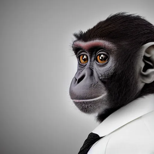 Prompt: high quality portrait of a monkey wearing black suit, studio photograph, photograph, realistic photo, 8k photo, 4k photo, stock photo, high resolution, cinematic shot, high detail