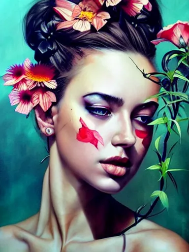 Image similar to portrait of lyndsey scott with a floral background : : painted by artgerm, karol bak, artur bordalo, sandra chevrier : : portrait, character, illustration, hyperrealism, photorealism