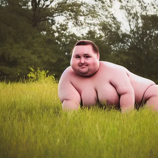 Prompt: high quality photo of a fat person in a grassfield