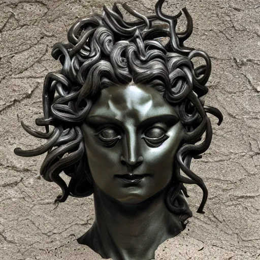 Image similar to medusa sculpted by szukalski and Arno Breker, black bronze,