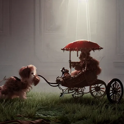 Image similar to little havanese dogs pulling a giant elegant carriage, trending on artstation, dramatic lighting, octane render, weta digital, micro details, 3 d sculpture, structure, ray trace, insane details, intricate, elite, ornate,