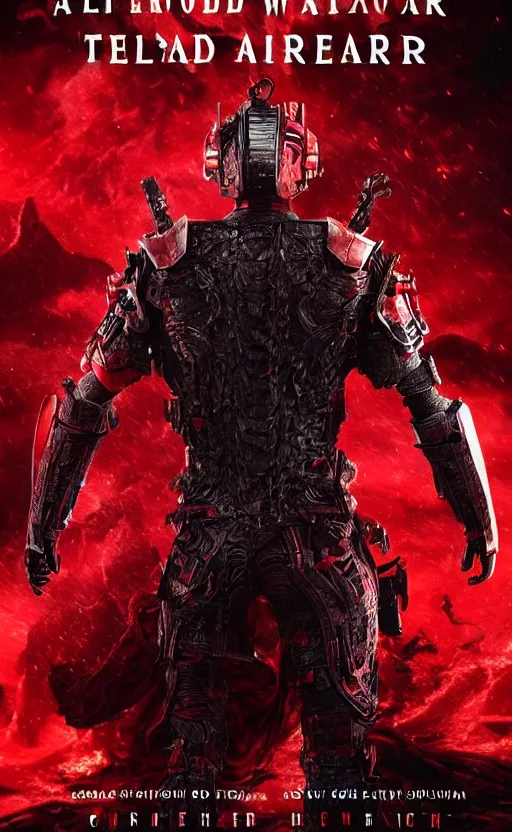 Prompt: a distant armored warrior with a sword, a sea of red thread in the background, dark shapes in the background, cinematic, highly detailed, movie poster