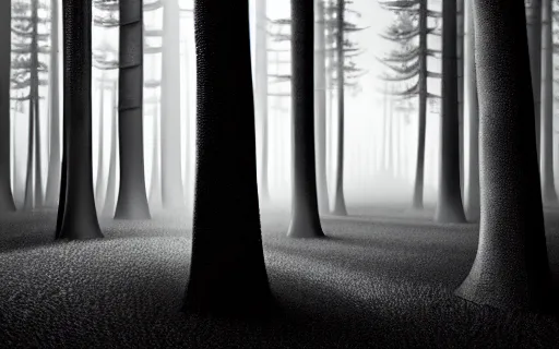 Image similar to black and white drawing of a cyborg forest, trees looks like robots, rim light, cinematic, studio dramatic light, poetic, surreal mythical dreamy dark artistic masterpiece, octane render, 8 k, photo