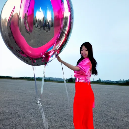 Image similar to chrome girl holding chrome balloon:: wide angle:: full body shot