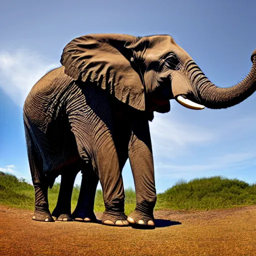 Image similar to a highly detailed panoramic photo by annie leibowitz of an elephant in the distance. the elephant has a staircase as a trunk, 8 k, super resolution
