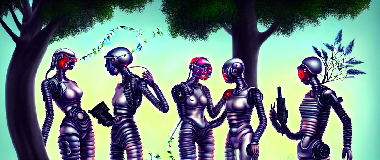 Prompt: minimalist hyperdetailed photorealistic cyborgs under a big tree, eating interesting elaborate fruits, with simple clothing. in the style of Caravaggio and Paul Gauguin, with liberty cyberpunk and flemish baroque mixed media elements. beautiful! hyperrealistic soft pastel tones. matte background HD 8x