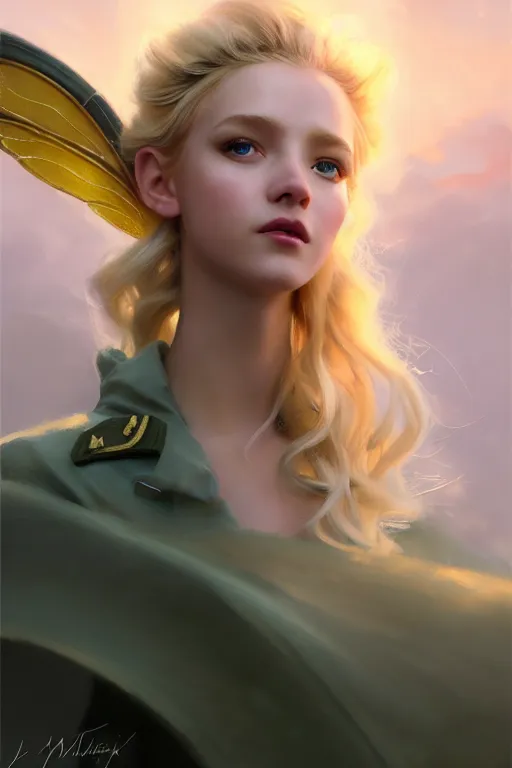 Prompt: cinematic shot of an epic portrait of a cute blonde fairy dressed in military clothes, stylised military clothes, large wings on back, shiny skin, beautiful, small details, realistic poster with volumetric light from jeremy lipkin and michael garmash, craig mallism, artgerm, unreal engine, radiant light, digital art, trends at art station, a masterpiece