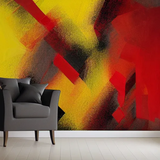 Image similar to interior of an apartment, modern minimal design, abstract painting as wallpaper texture, red, yellow, vivid colors, photorealist, 4 k