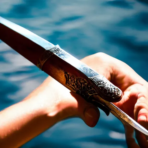 Prompt: still photograph of a hand holding a sword, appearing out of water