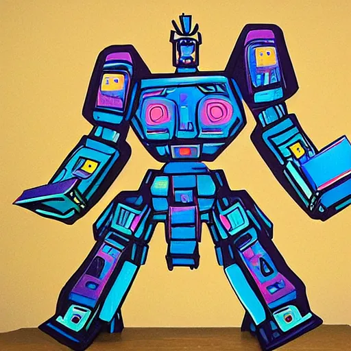 Image similar to giant robot made of trapper keeper artwork