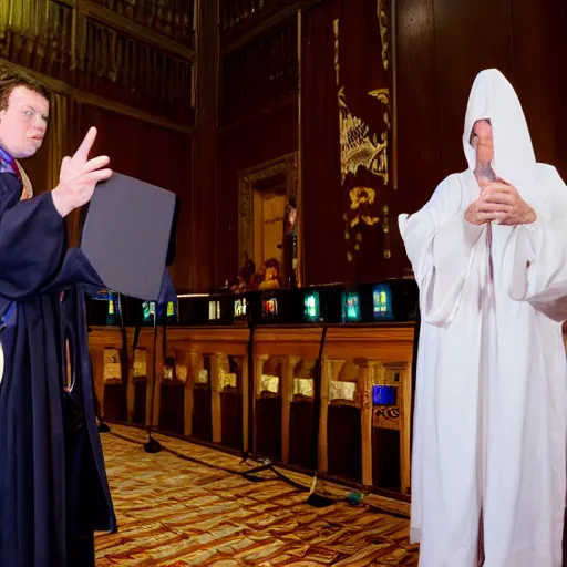 Image similar to robed Alastair Crowley giving a magick lecture in front of the United States senate, photojournalism, news, CNN, intricate detail, award winning photography,