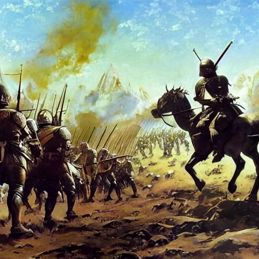 Image similar to a beautiful oil painting of medieval soldiers in shiny armors on a battlefield, by Frank Frazetta