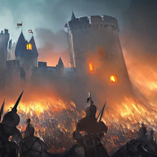 Image similar to medieval knights sieging an org castle while surrounded by fire and angry , Fantasy Apocalypse, MMO, Digital Art, 8k, Unreal Engine 5