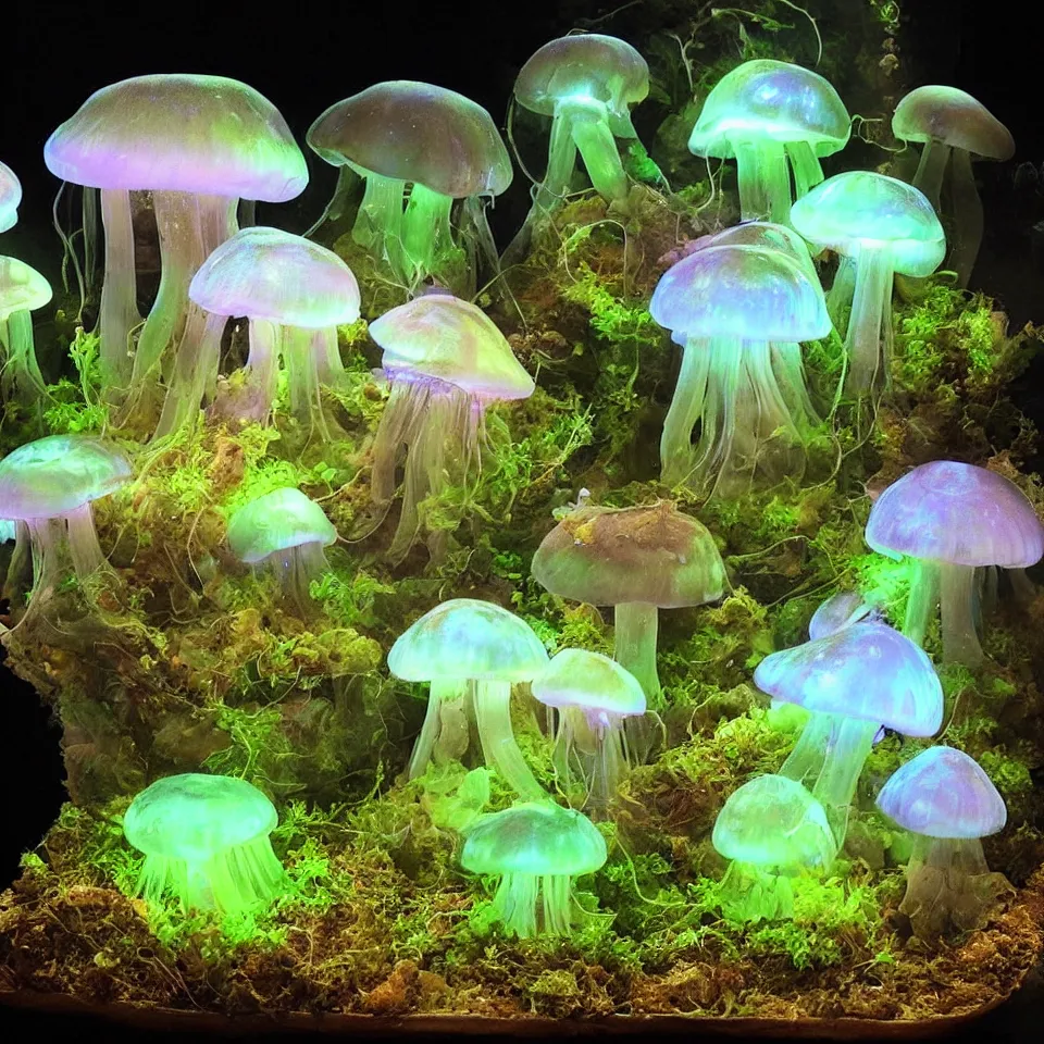 Prompt: a terrarium of bioluminescent jellyfish like mushrooms with veins