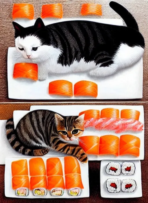 Image similar to clear photorealistic picture of adorable cats made out of sushi