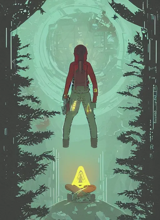 Image similar to an indie game poster of a translucent cyberpunk explorer meditating on an ancient platform in the middle of a dense forest, midnight, risograph by laurie greasley, kawase hasui, josan gonzalez, ghostshrimp, moebius, colourful flat surreal design, in the style of oxenfree, super detailed, a lot of tiny details