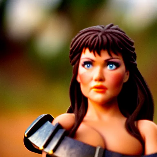 Image similar to a cinematic film still of a claymation stop motion film starring young lucy lawless as xena warrior princess, brunette hair, shallow depth of field, 8 0 mm, f 1. 8