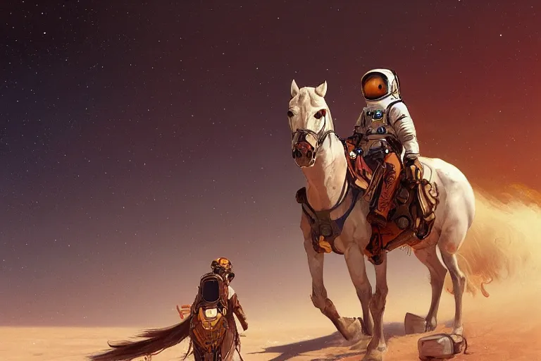 Prompt: character concept of an astronaut, with beer bottle in hand, riding a horse and marching through the desert, highly detailed, digital painting, artstation, concept art, symmetry, smooth, sharp focus, illustration, art by artgerm and greg rutkowski and alphonse mucha