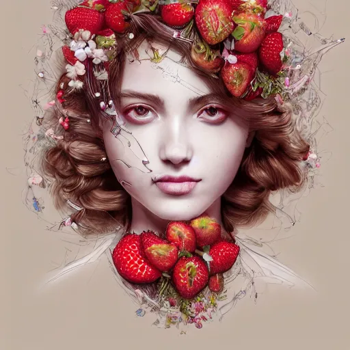 Image similar to the portrait of an absurdly beautiful, graceful, elegant, sophisticated, fashionable young woman made of strawberries and white petals looking down, an ultrafine hyperdetailed illustration by kim jung gi, irakli nadar, intricate linework, bright colors, octopath traveler, final fantasy, unreal engine 5 highly rendered, global illumination, radiant light, detailed and intricate environment