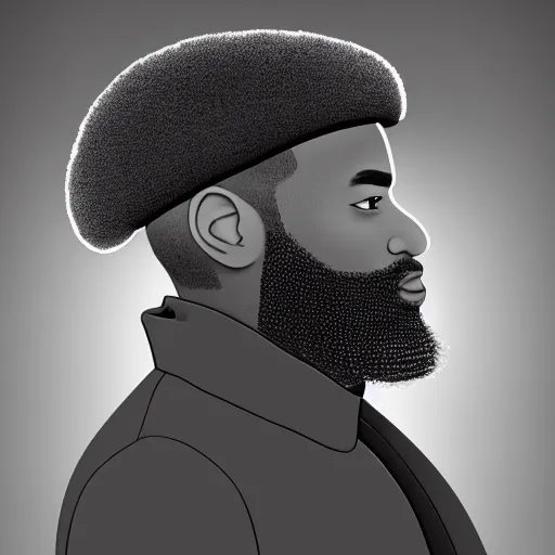 Prompt: a side profile portrait of a handsome urban african-american man with a big dark gray beard, wearing a light gray kufi and a black puffer coat, white background, concept art