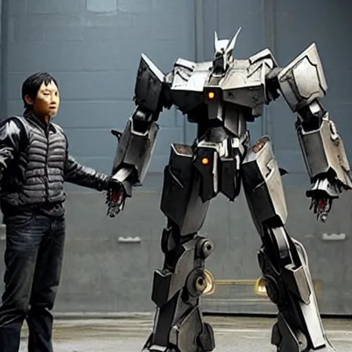 Image similar to cinematic still in real steel movie and westworld and pacific rim movie, one full body ornate humanoid gundam armored core mech by fujioka kenki and by mamoru nagano