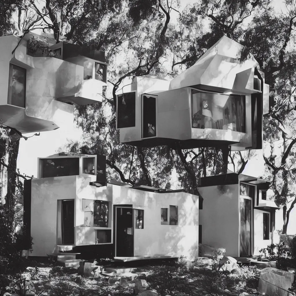 Prompt: “A perfectly centered beautiful black and white 24mm photo of mid-century retro-futuristic tiny house in Los Angeles”