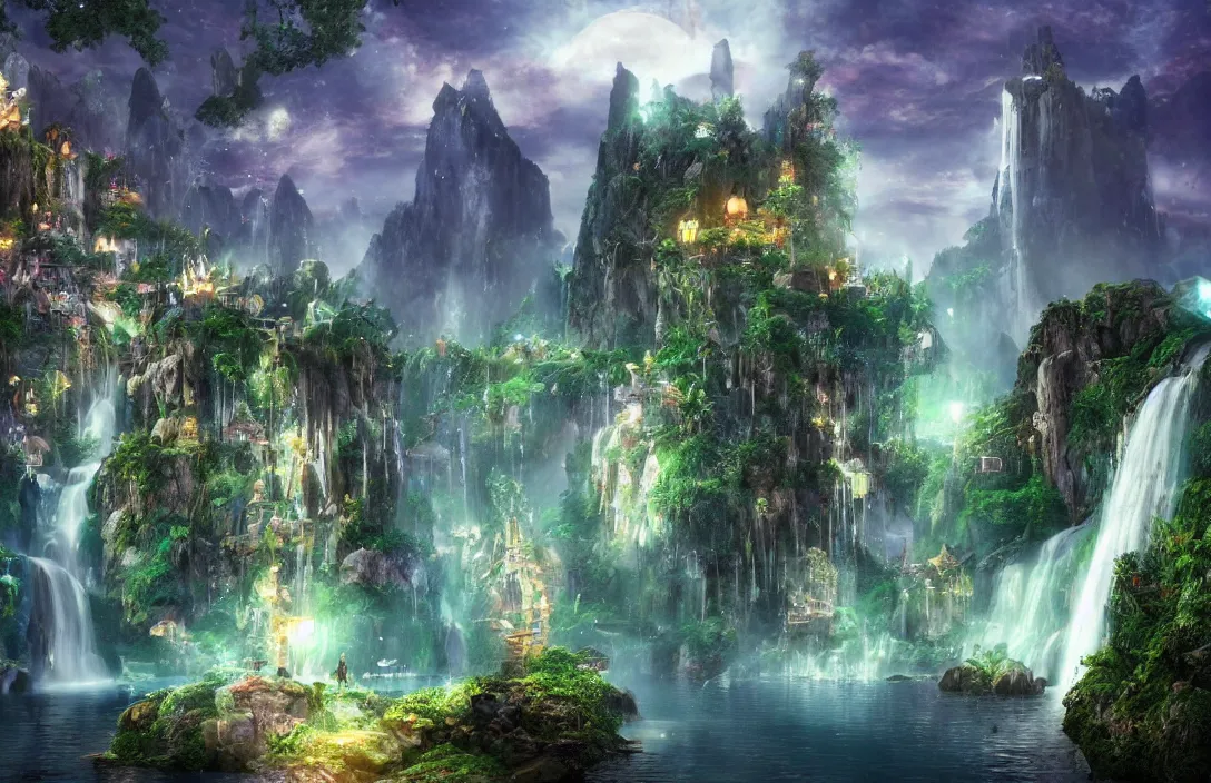 Prompt: magical fantasy town, background : giant bioluminscent waterfall, quaint vibes, epic fantasy, ultra hd render + 4 k uhd + immense detail + very crisp and clear image