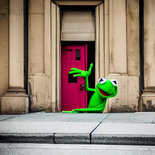 Image similar to street photography picture of a muppet kermit the frog laying in the doorway of an oppressive building. fugifilm 4 k close focus. distopia sad