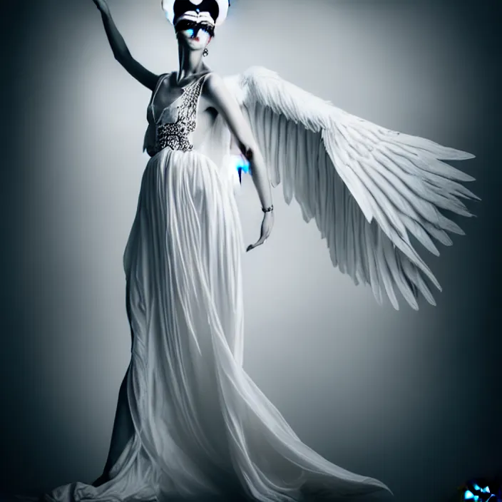 Image similar to photo portrait of a beautiful woman like a dark fallen angel, total body dressed in long elegant intricate ornamental white dress, fine art photography by Giovanni Gastel, professional studio dramatic lighting, volumetric lighting, dramatic colors scheme , hyper realistic photography in style of Vogue Fashion magazine