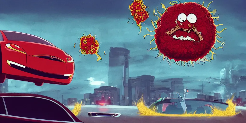 Prompt: Live action Aqua teen hunger force movie, meatwad is driving a tesla, Greg Rutkowski, Darek Zabrocki, Karlkka, Jayison Devadas, Phuoc Quan, trending on Artstation, 8K, ultra wide angle, pincushion lens effect.