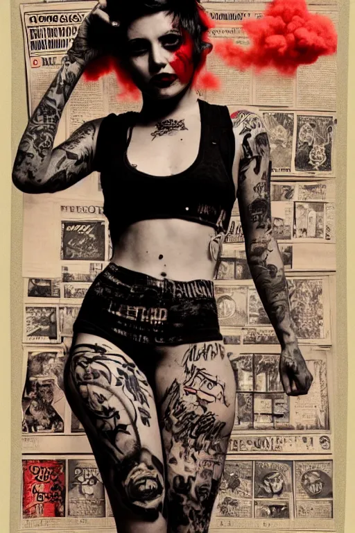 Prompt: a vintage photograph of a tattooed punk girl, depressive vibe, strong subsurface scattering, red smoke, newspapers flying in the background, war, scary lighting, stunning scene, highly detailed, concept art, trending on artstation